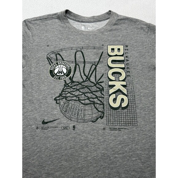 Milwaukee Bucks Nike Tee Shirt Dri-Fit NBA Basketball Hoop Logo Gray Size Medium - Picture 2 of 9